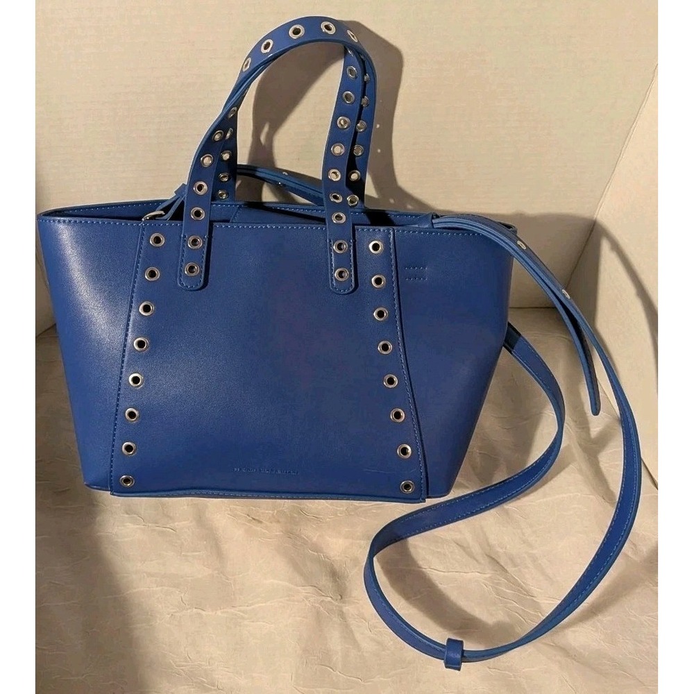 French Connection Purse Blue Faux Leather Bag Tote Grommets Double Handle - Picture 12 of 16